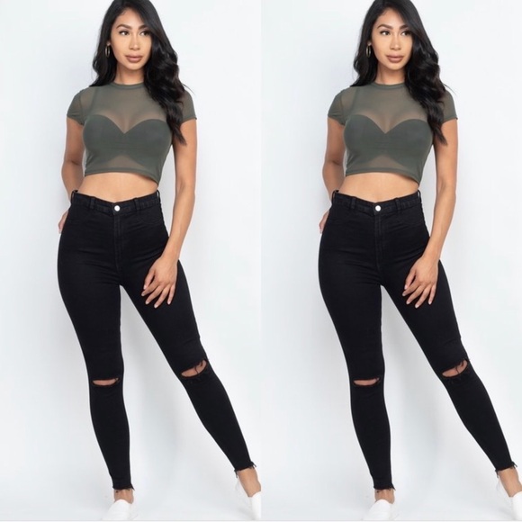 OLIVE SHORT SLEEVE CROPPED TOP SHEER MESH SHIRT - Picture 2 of 7